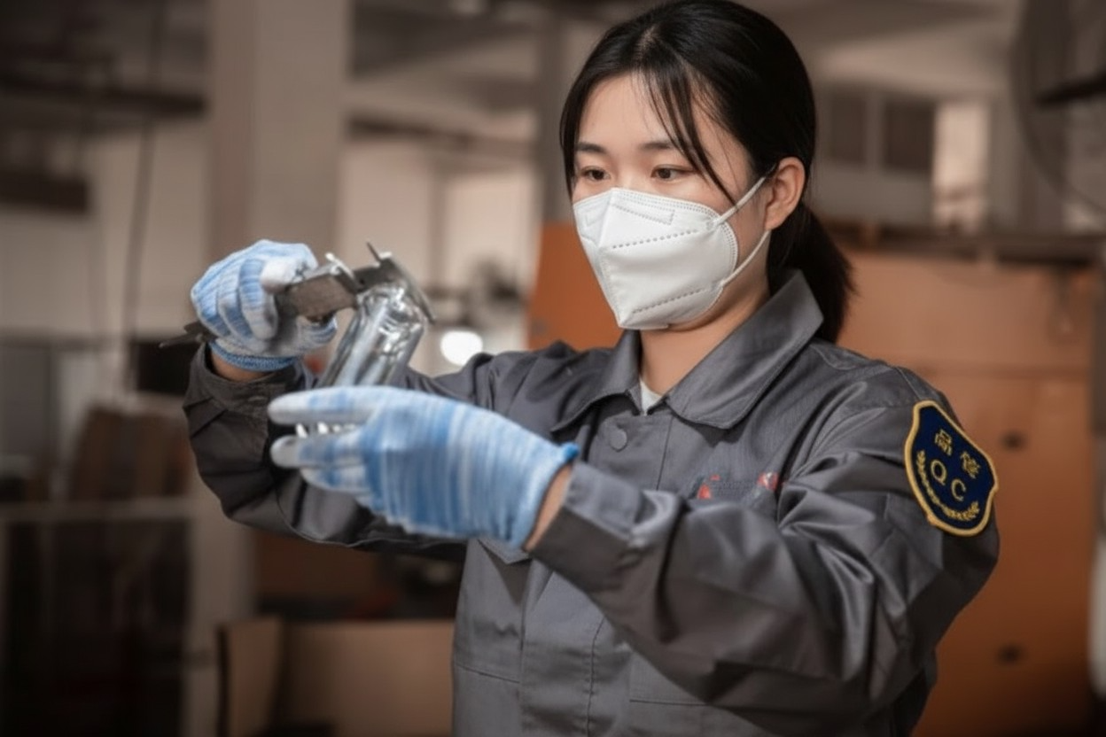 Quality control team checking cosmetic glass bottles for coating, printing, and surface integrity before packaging.