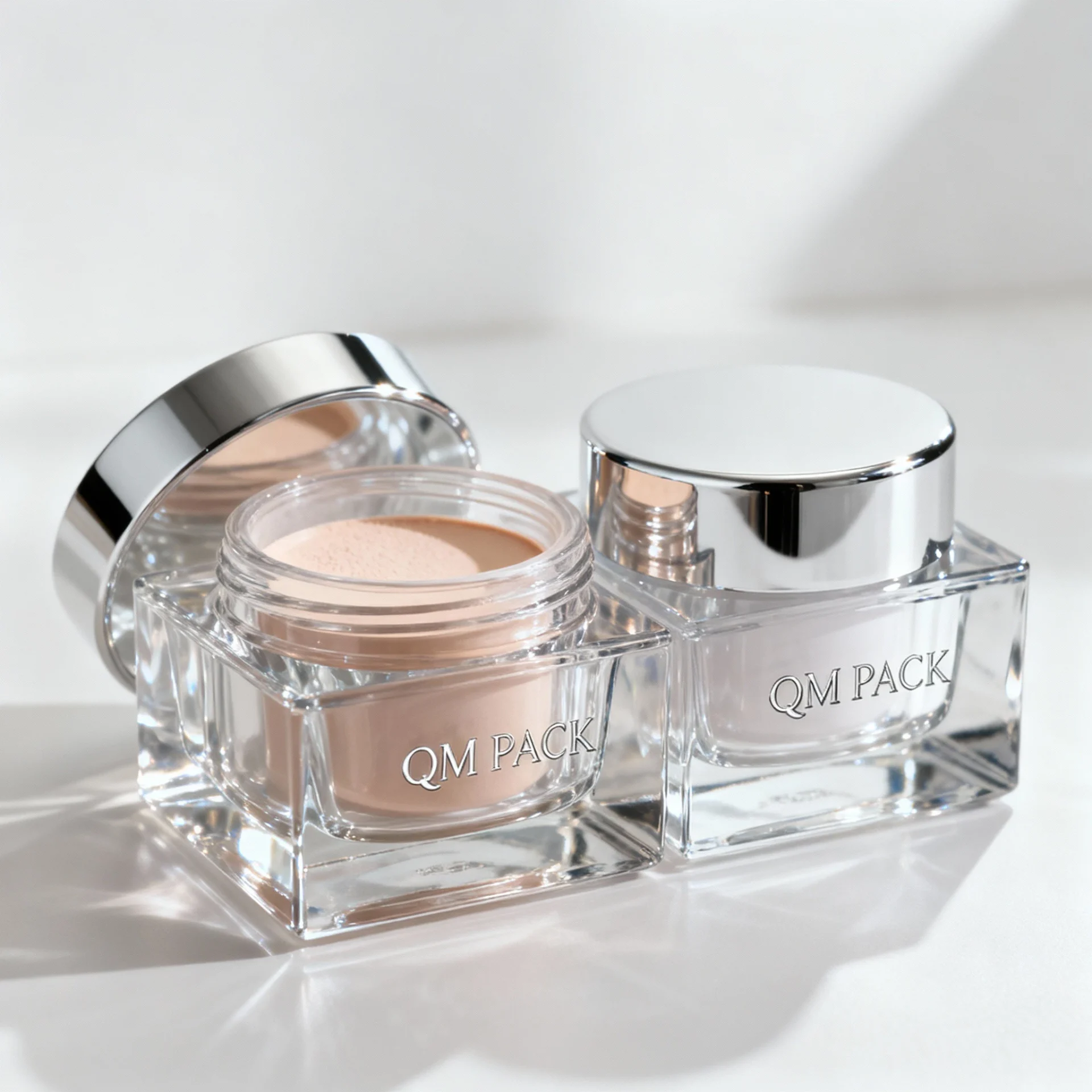 QM Cos Pack engineers and cosmetic brand representatives discussing glass bottle design and production quality.