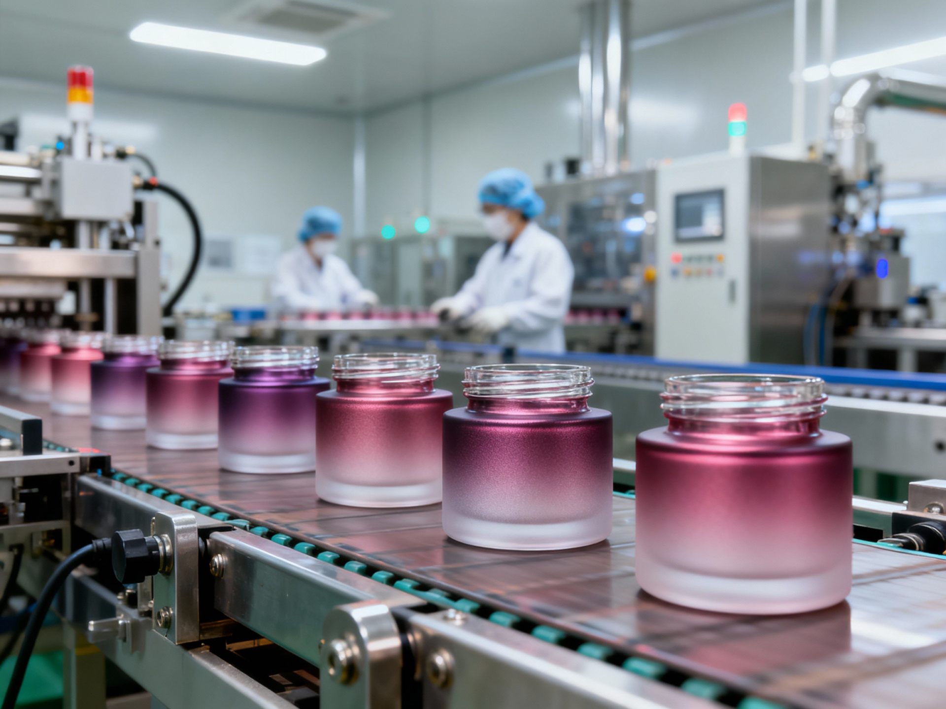 Technician inspecting silk screen and hot stamping prints on cosmetic glass bottles for perfect alignment.