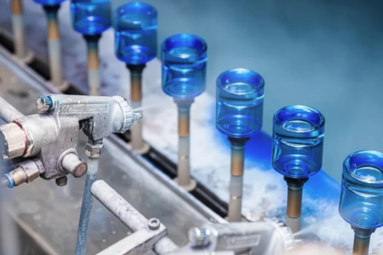 Eco-friendly coating process for cosmetic glass bottles with matte and gradient finishes applied evenly.